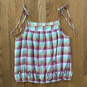 Hang Ten Top sz 8 Womens Cotton Spaghetti Tie Straps Bubble Hem Plaid Aztec